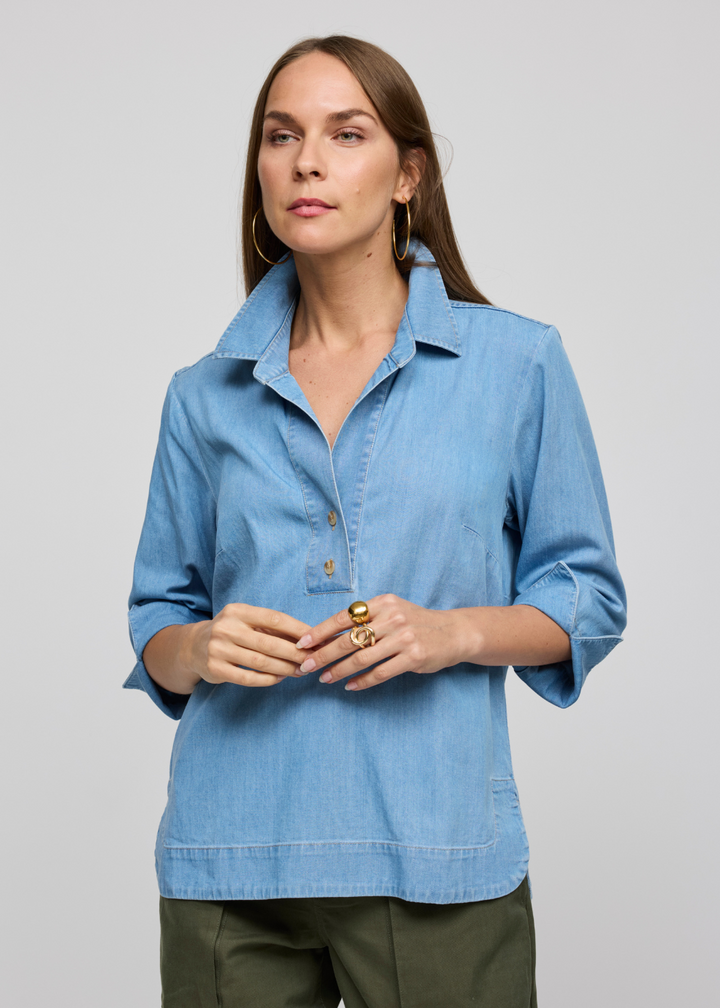 Hinson Wu Aileen 3/4 Sleeve Denim Tencel Shirt in Light Wash available at Barbara Katz