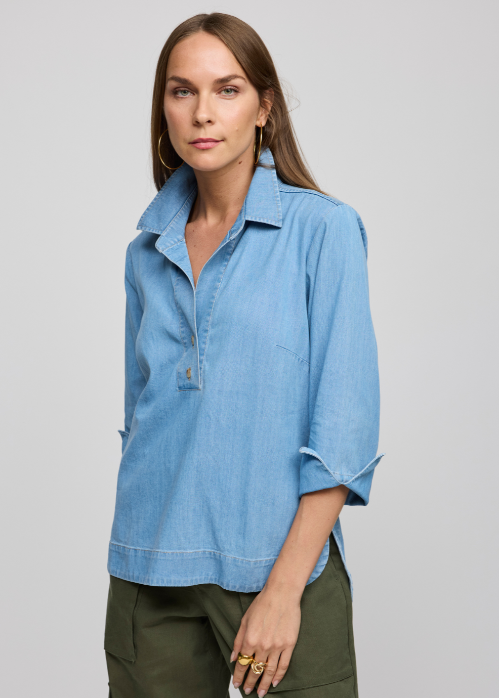 Hinson Wu Aileen 3/4 Sleeve Denim Tencel Shirt in Light Wash available at Barbara Katz
