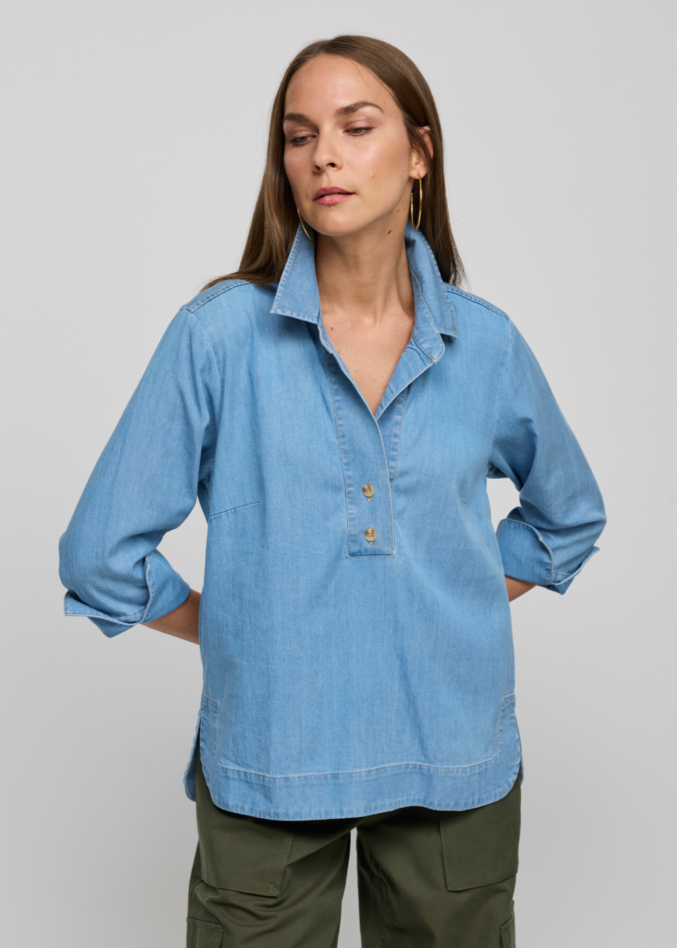 Hinson Wu Aileen 3/4 Sleeve Denim Tencel Shirt in Light Wash available at Barbara Katz