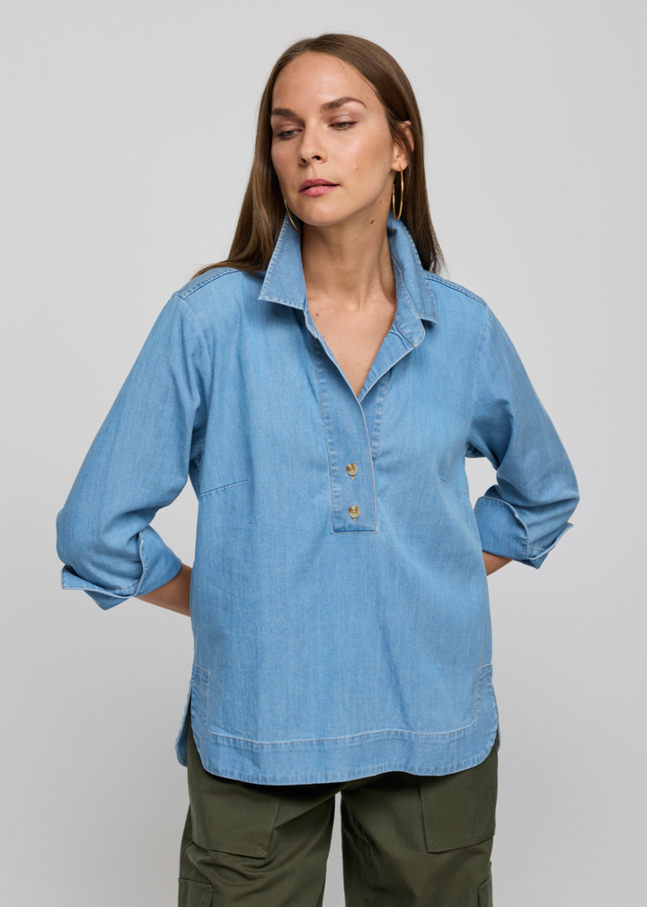 Hinson Wu Aileen 3/4 Sleeve Denim Tencel Shirt in Light Wash available at Barbara Katz