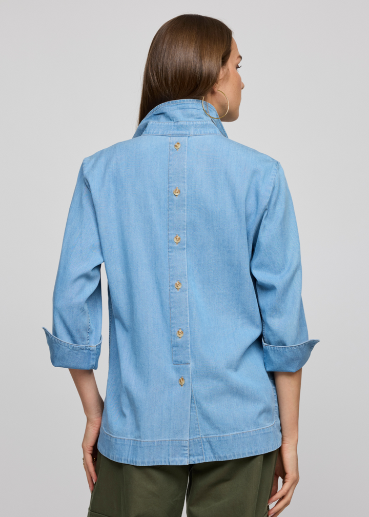 Hinson Wu Aileen 3/4 Sleeve Denim Tencel Shirt in Light Wash available at Barbara Katz