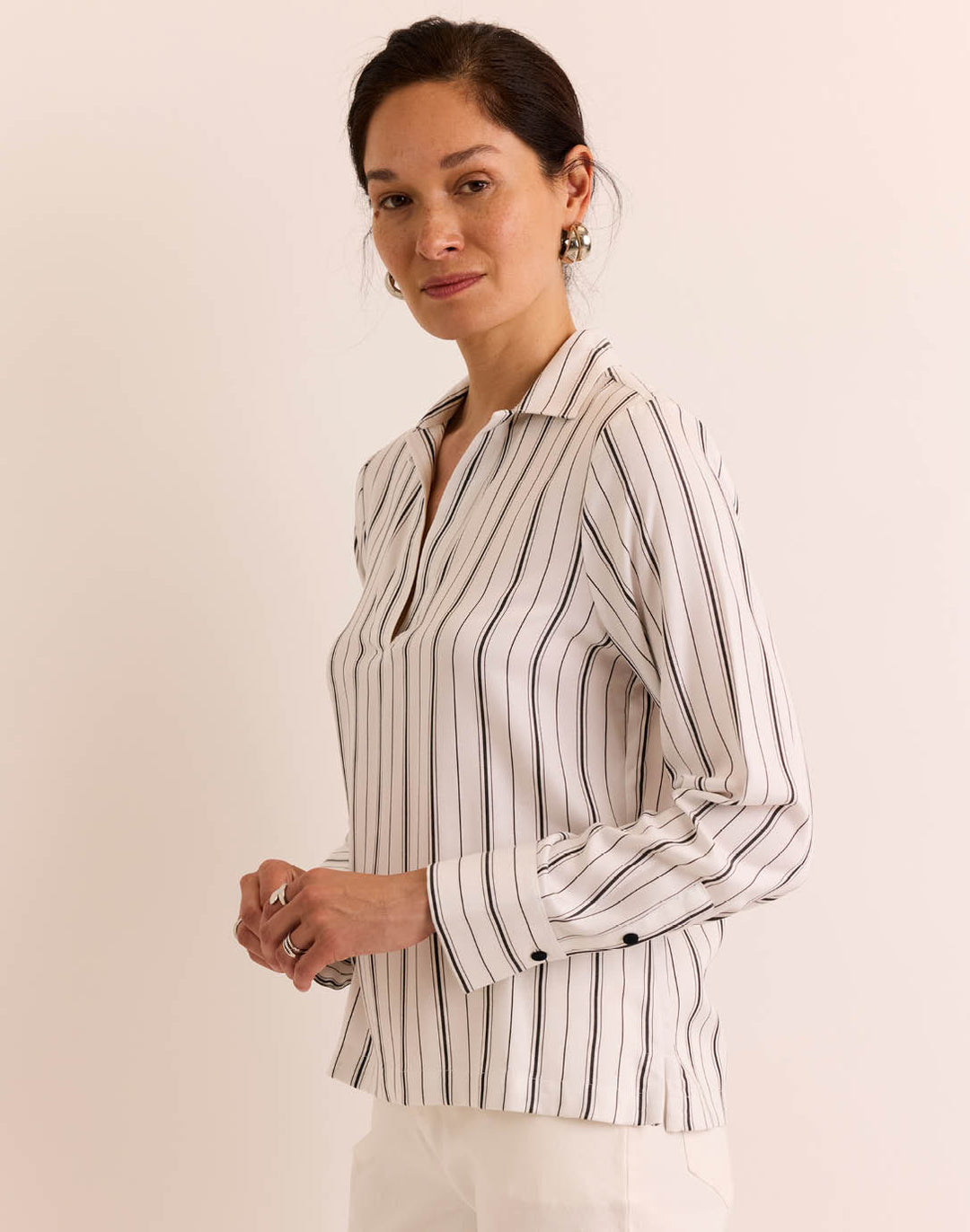 Hinson Wu Mona Pop-Over Top in White/Black Stripe available at Barbara Katz