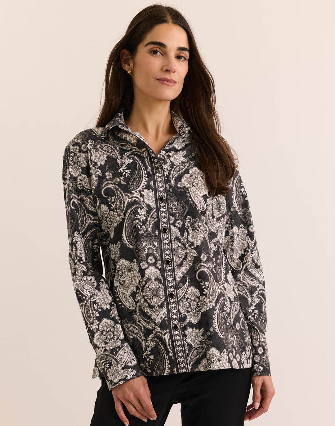 Hinson Wu Margot Long Sleeve Painted Paisley Shirt in Black available at Barbara Katz