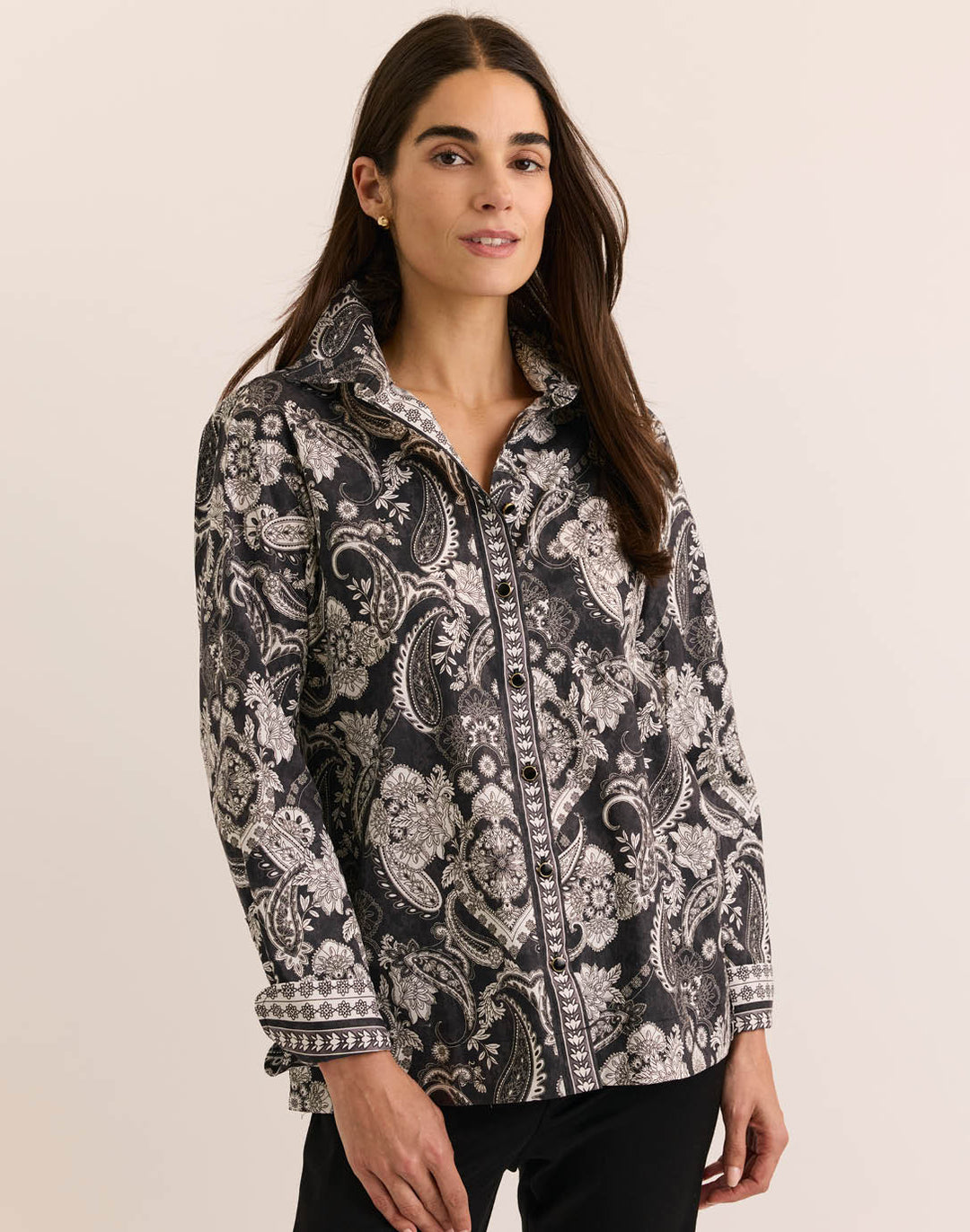 Hinson Wu Margot Long Sleeve Painted Paisley Shirt in Black available at Barbara Katz