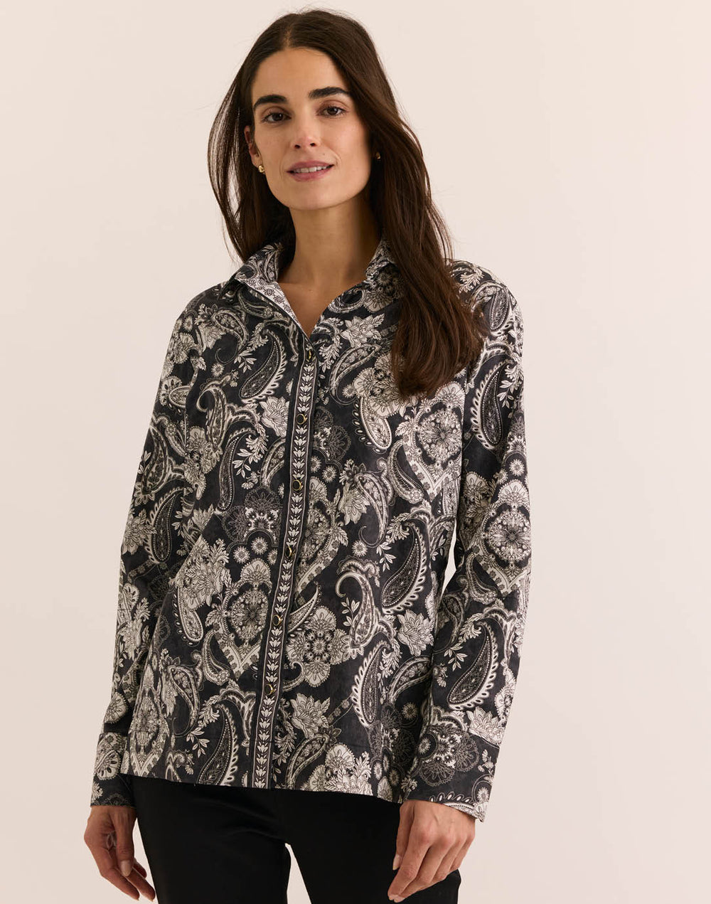 Hinson Wu Margot Long Sleeve Painted Paisley Shirt in Black available at Barbara Katz