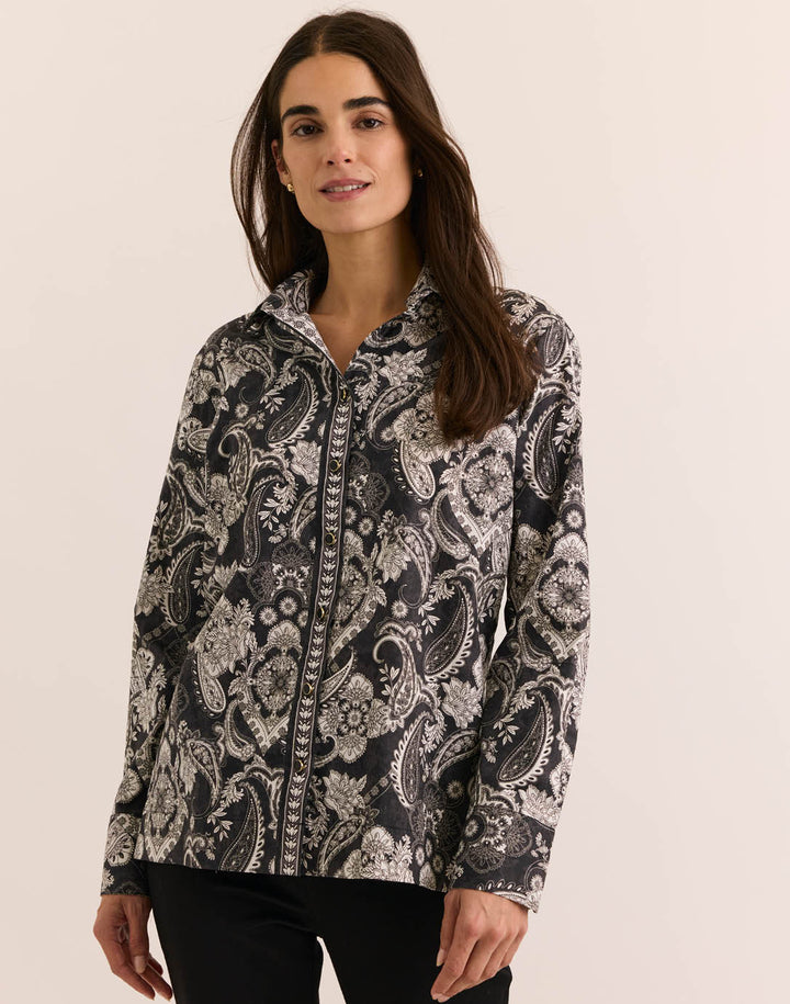 Hinson Wu Margot Long Sleeve Painted Paisley Shirt in Black available at Barbara Katz