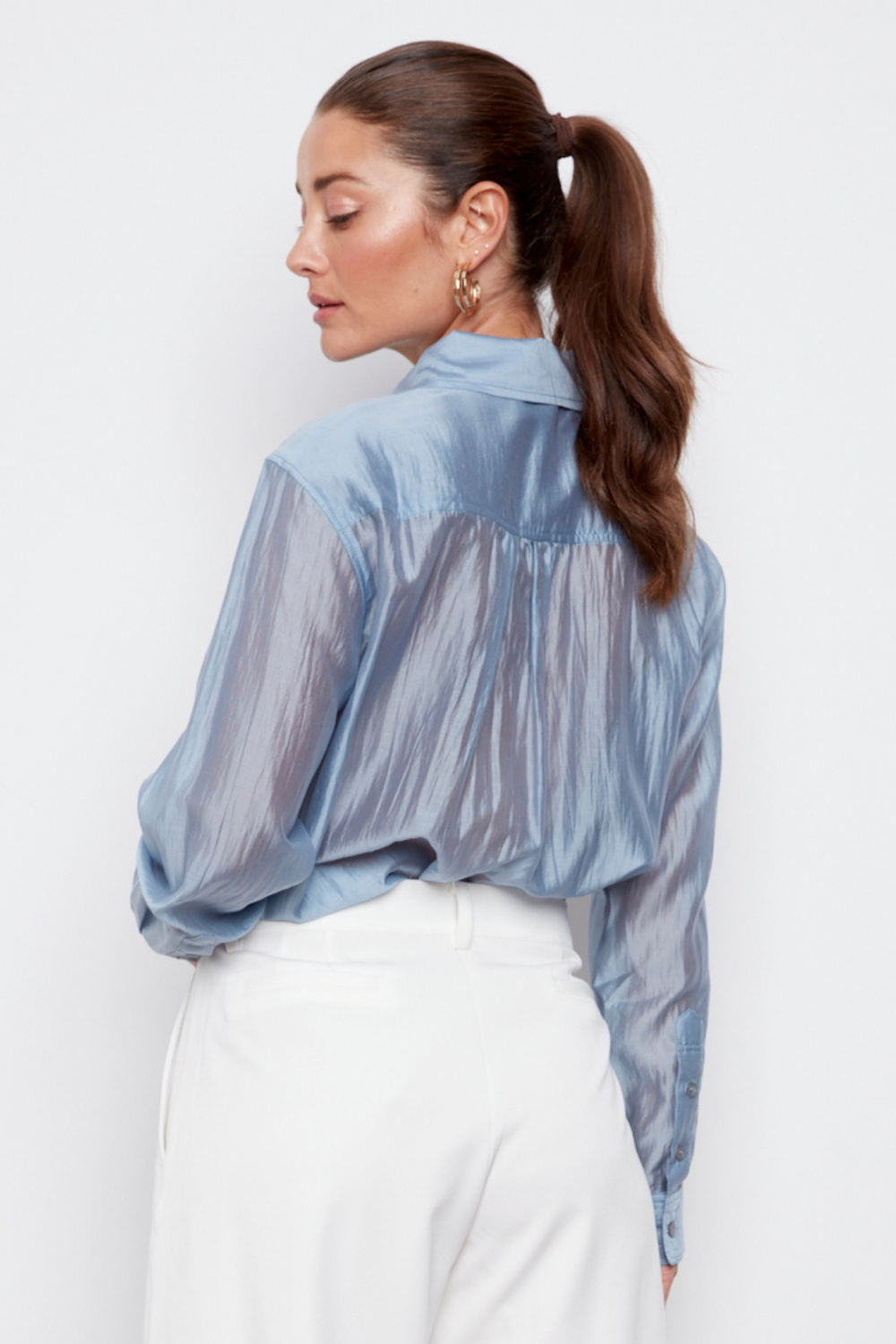 Adroit Atelier Bijou Semi-transparent Button-Front Shirt With Patch Pockets & Side Slits in Slate Blue available at Barbara Katz 
