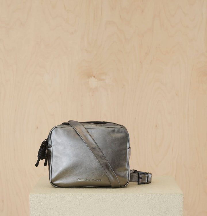 Daniella Lehavi Louise Loop Mini Box Crossbody Bag in Metallic Pewter available at Barbara Katz