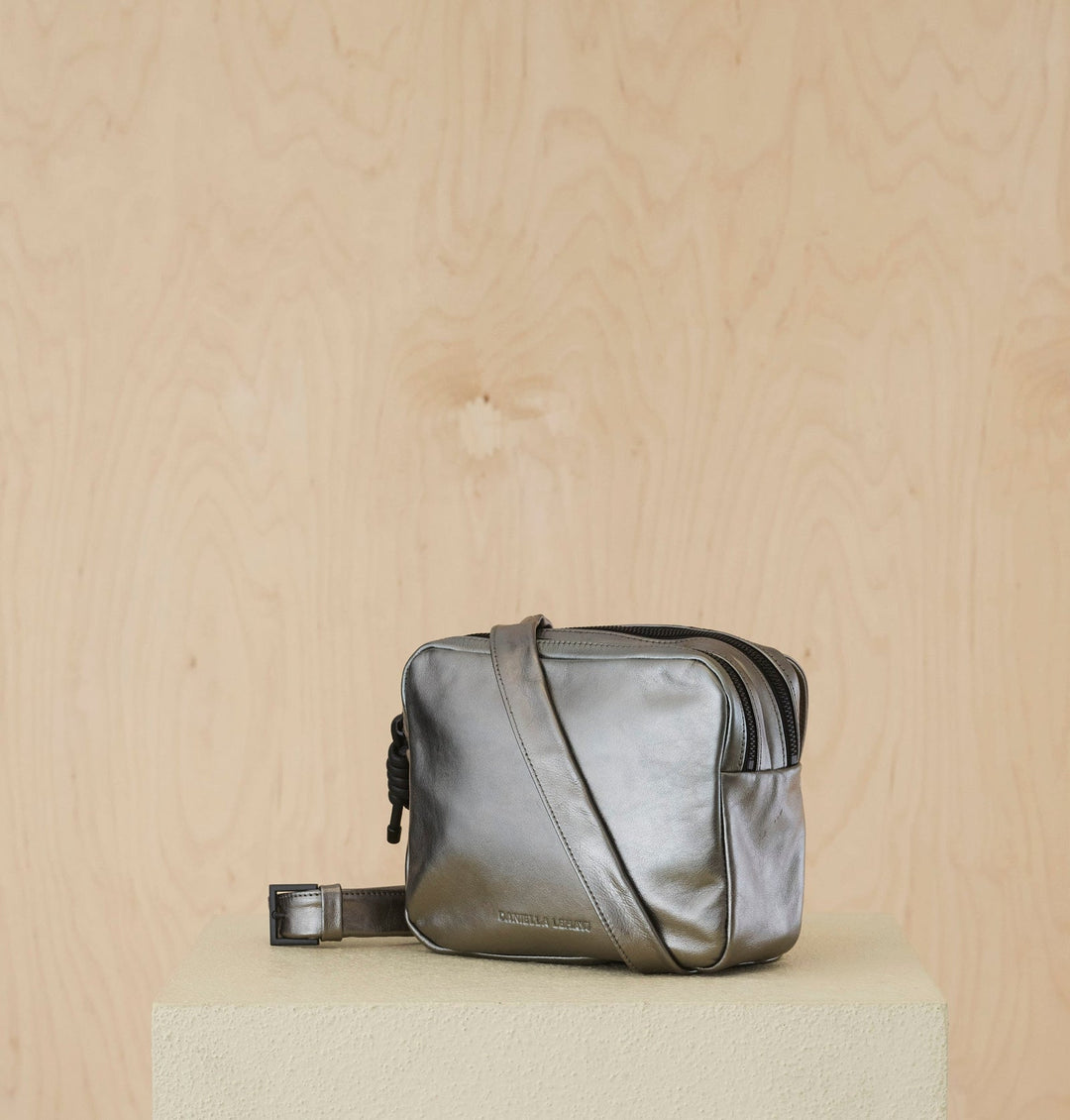 Daniella Lehavi Louise Loop Mini Box Crossbody Bag in Metallic Pewter available at Barbara Katz