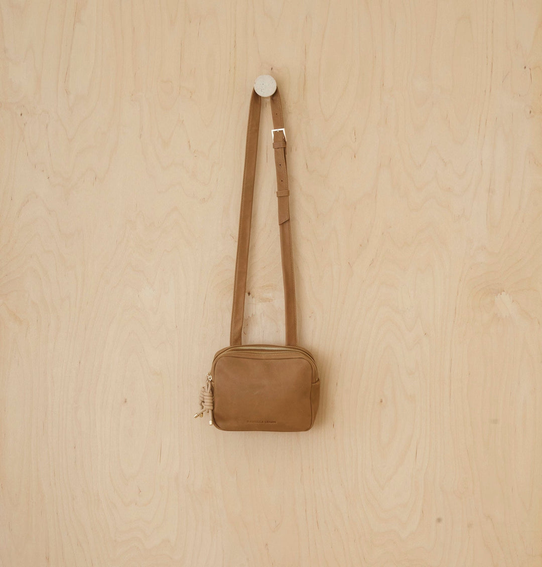 Daniella Lehavi Louise Loop Mini Box Crossbody Bag in Camel available at Barbara Katz