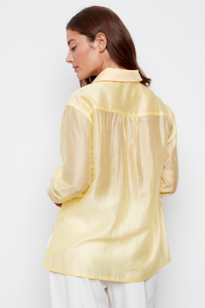Adroit Atelier Bijou Semi-transparent Button-Front Shirt With Patch Pockets & Side Slits in Butter Yellow available at Barbara Katz 