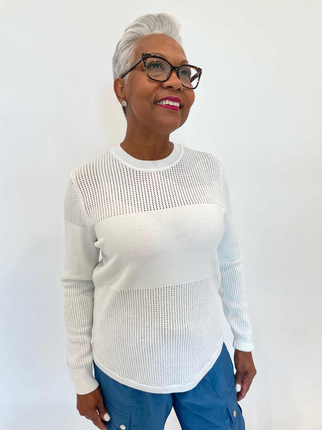 Billie Rosa Mesh Crew Sweater in White available at Barbara Katz