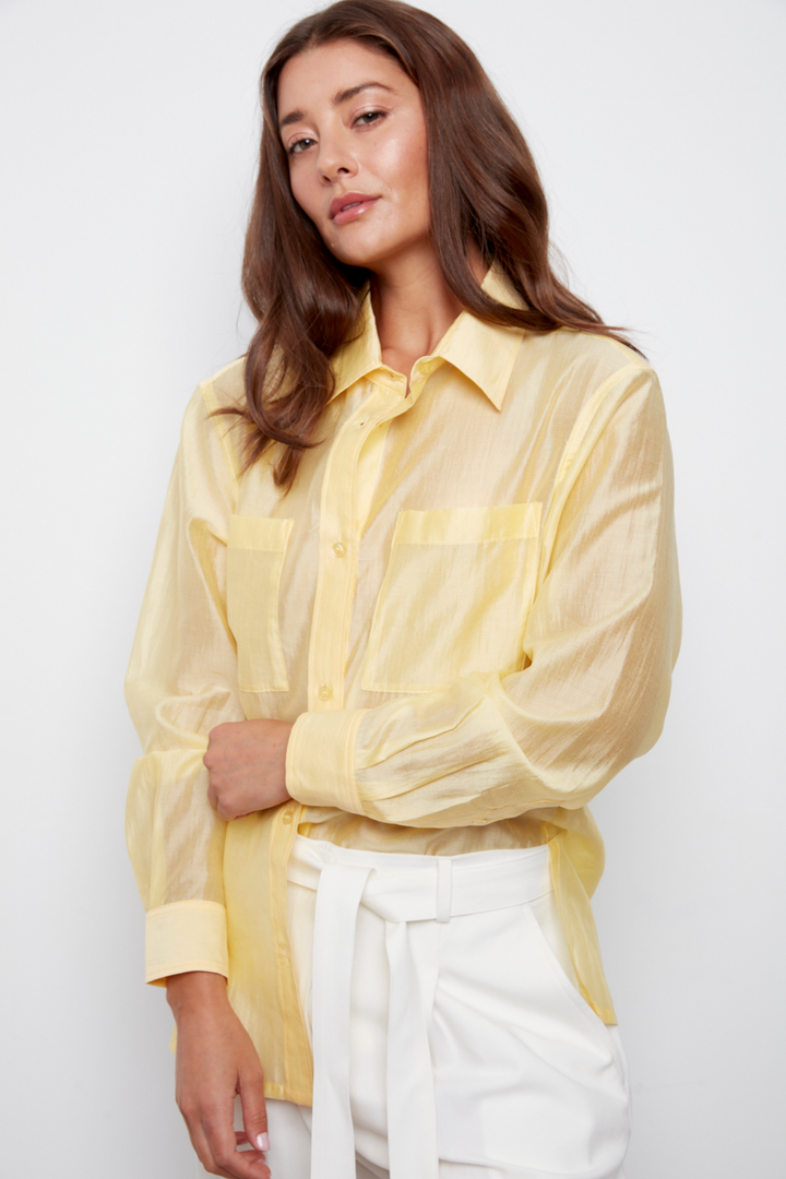 Adroit Atelier Bijou Semi-transparent Button-Front Shirt With Patch Pockets & Side Slits in Butter Yellow available at Barbara Katz 