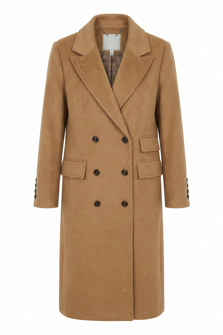 Adroit Atelier Bennett Double Breasted Long Wool Blend Coat in Camel available at Barbara Katz