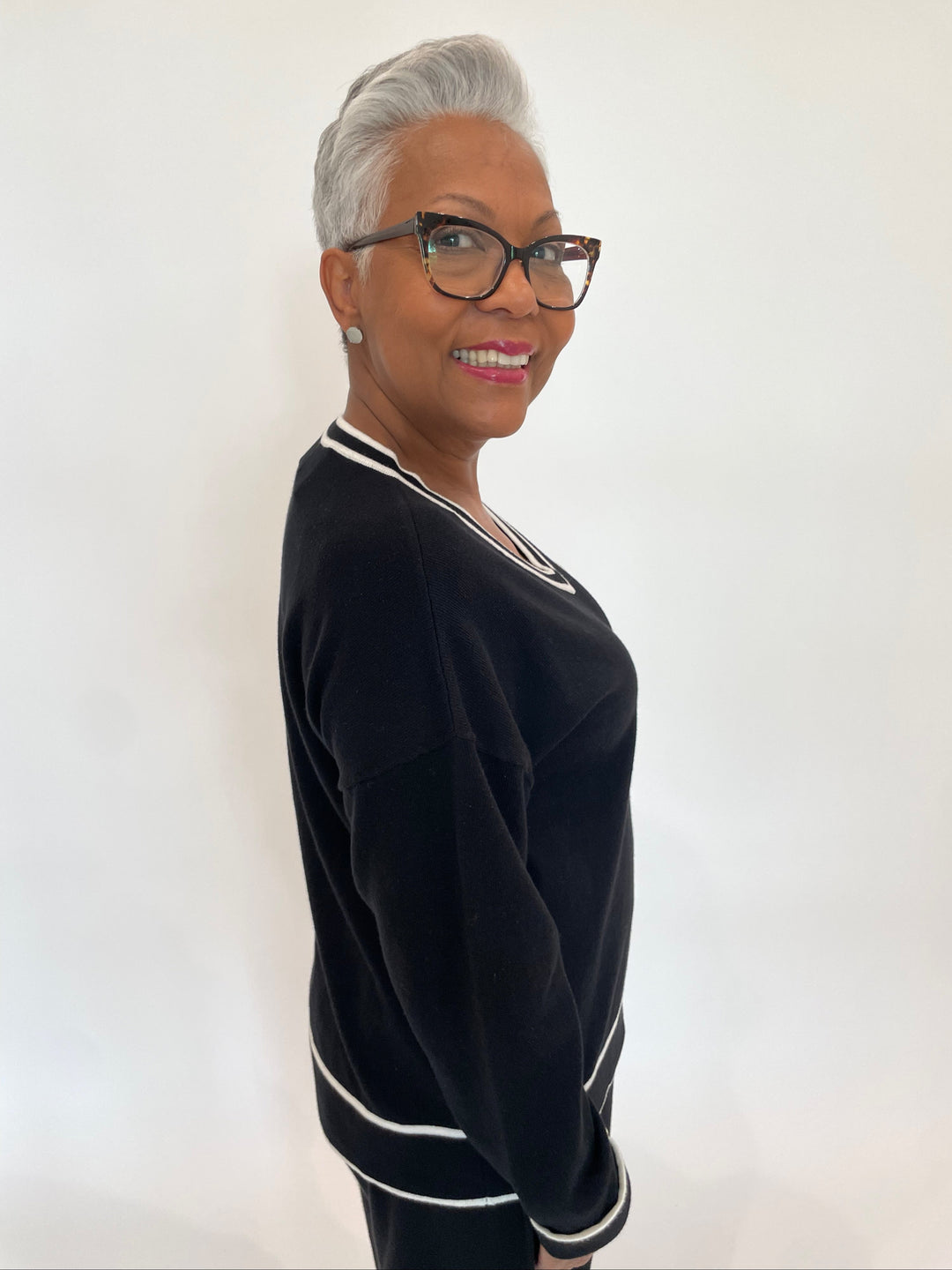 Leo & Ugo Nora V-Neck Long Sleeve Sweater in Black/White available at Barbara Katz
