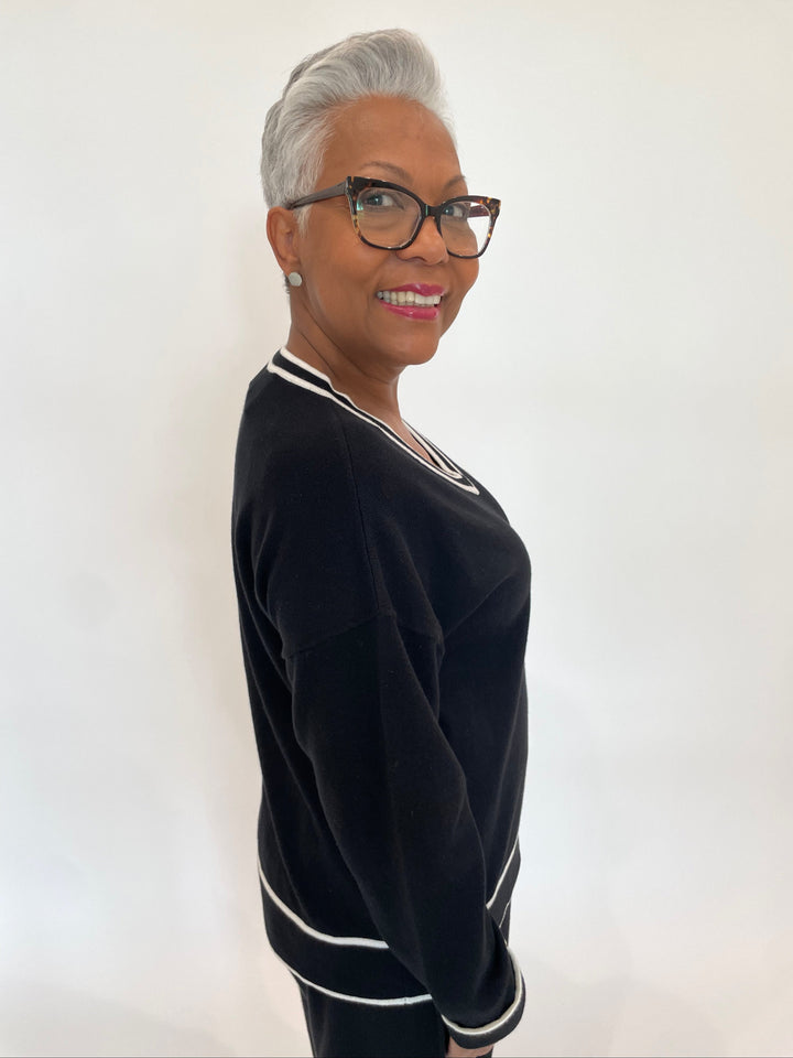 Leo & Ugo Nora V-Neck Long Sleeve Sweater in Black/White available at Barbara Katz