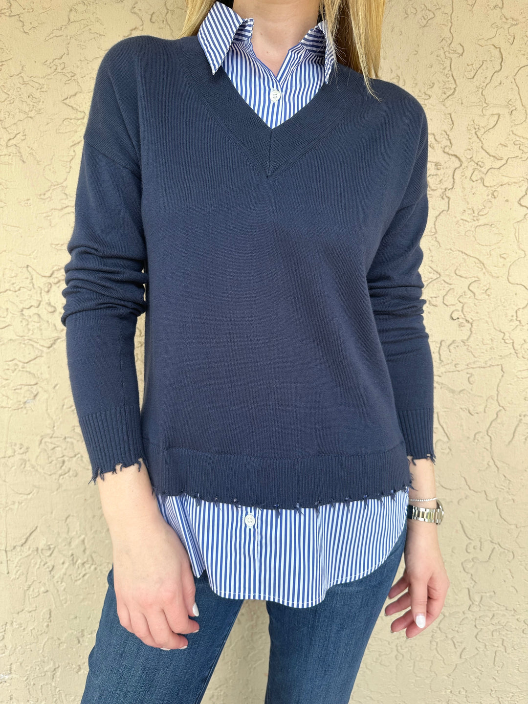 J Society Long Sleeve Stripe Twofer Layered Sweater - Navy