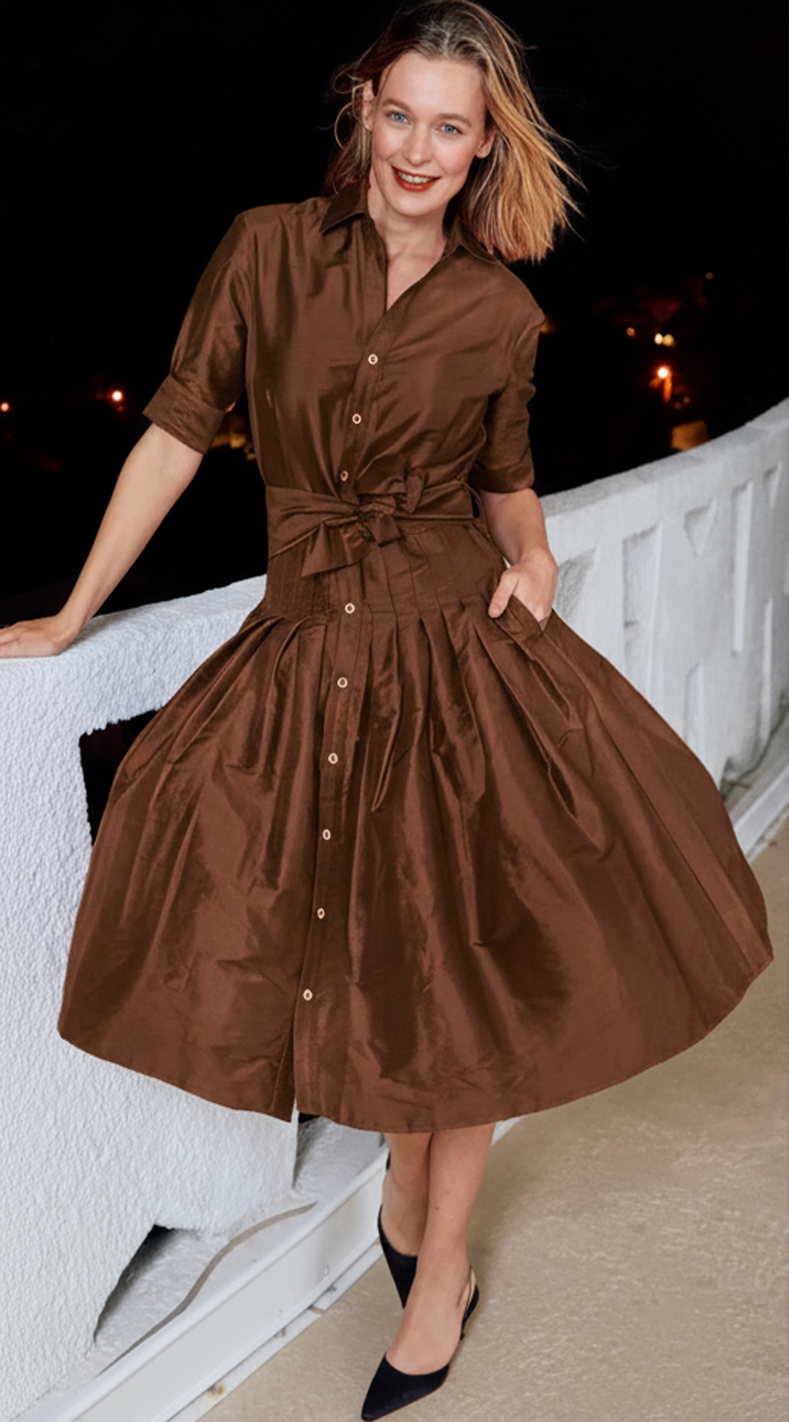 Dizzy-Lizzie Mrs Maisel Silk Dress in Chocolate available at Barbara Katz