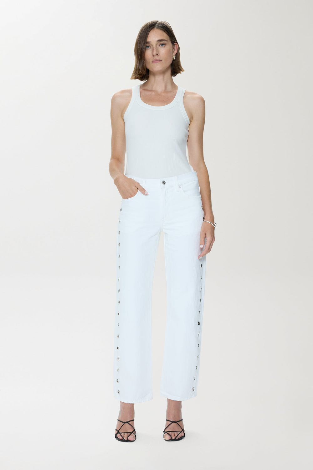 Pistola Lexi Mid Rise Bowed Straight Jeans in White available at Barbara Katz