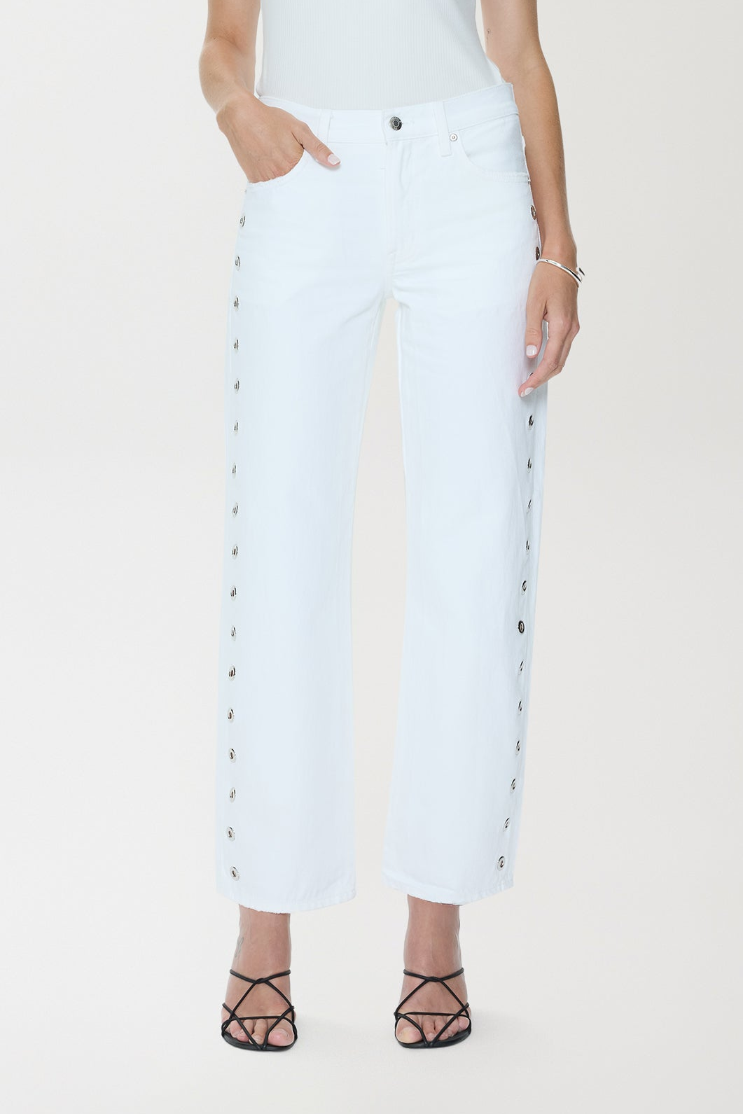 Pistola Lexi Mid Rise Bowed Straight Jeans in White available at Barbara Katz