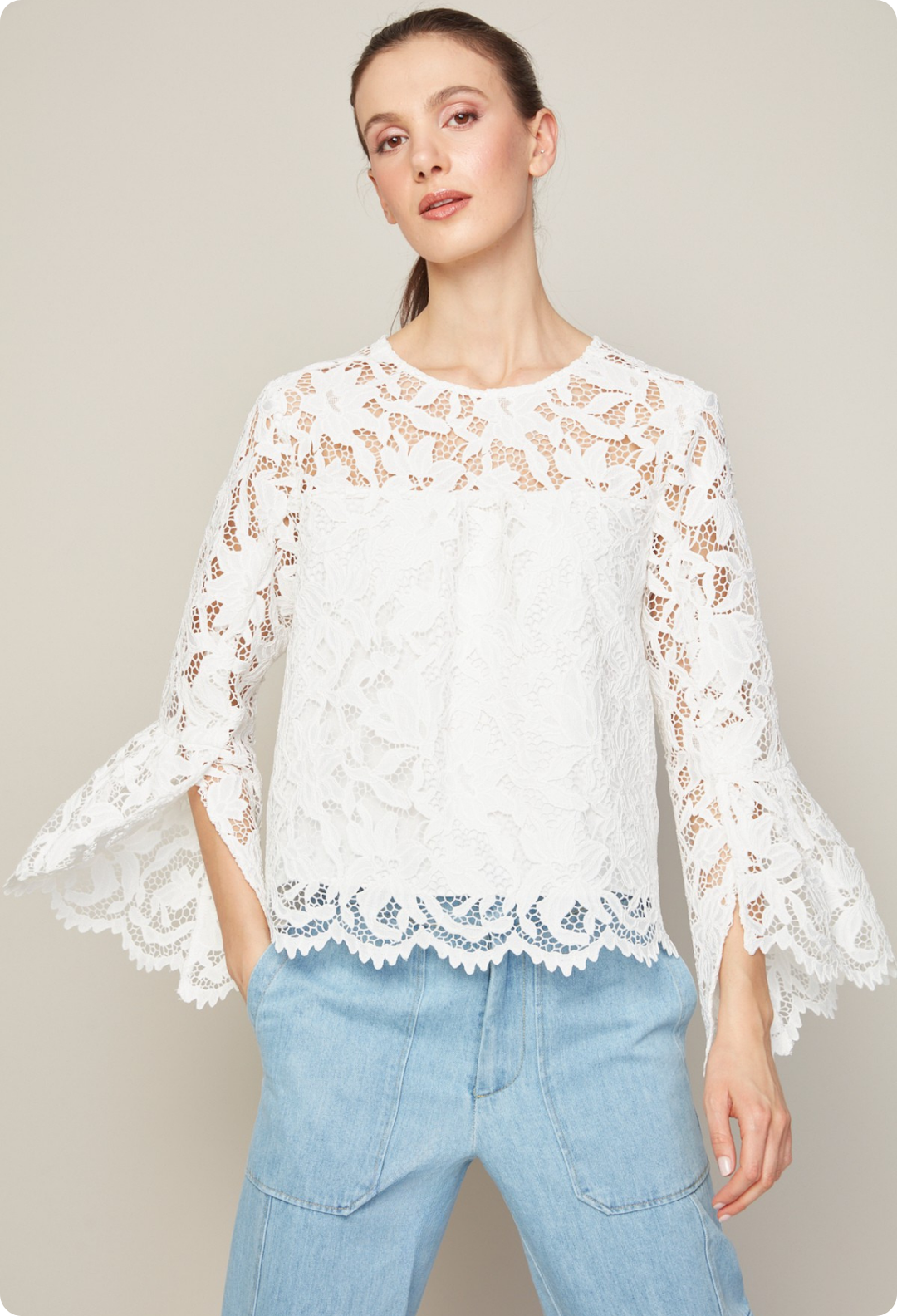 Adroit Atelier Boho Pop Over Scallop Lace Blouse in Ivory available at Barbara Katz