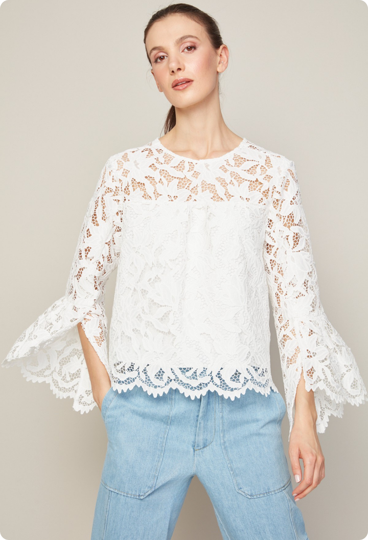 Adroit Atelier Boho Pop Over Scallop Lace Blouse in Ivory available at Barbara Katz
