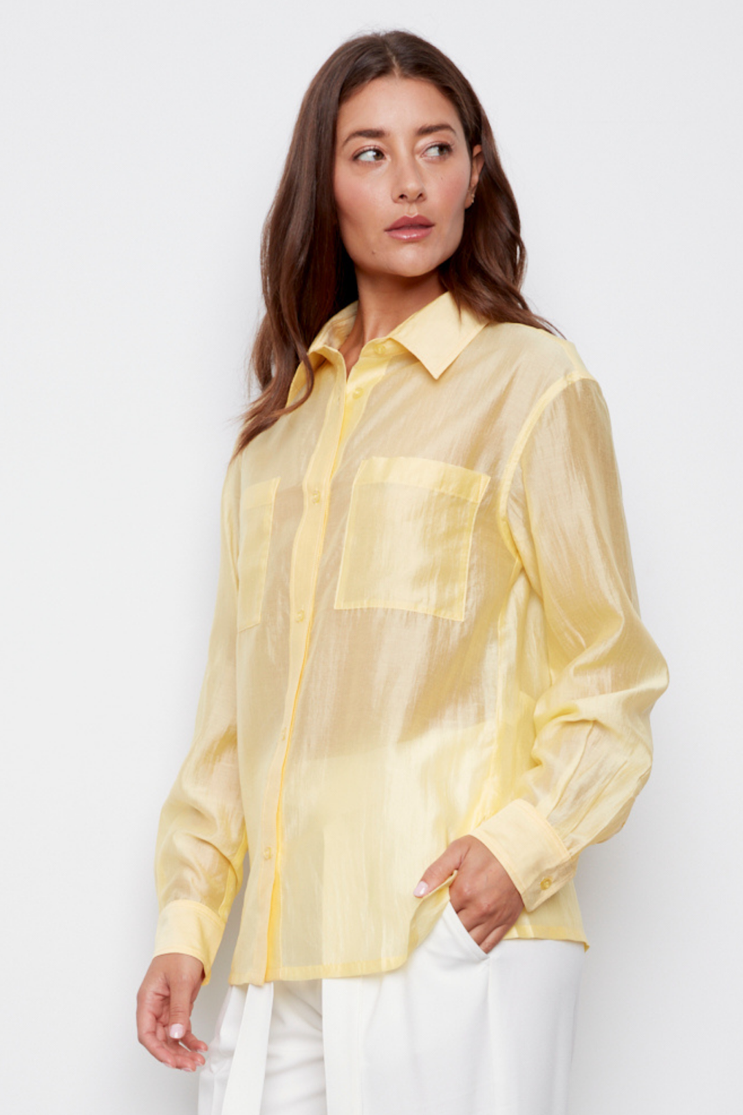 Adroit Atelier Bijou Semi-transparent Button-Front Shirt With Patch Pockets & Side Slits in Butter Yellow available at Barbara Katz 