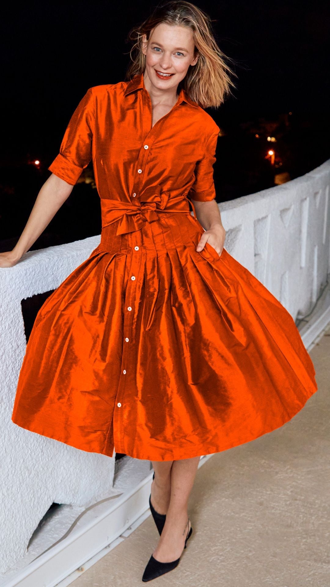DIzzy-Lizzie Mrs Maisel Silk Dress in Orange available at Barbara Katz