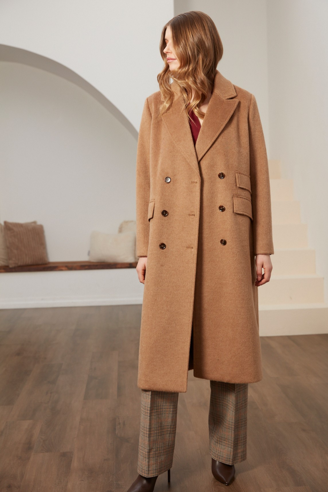 Adroit Atelier Bennett Double Breasted Long Wool Blend Coat in Camel available at Barbara Katz