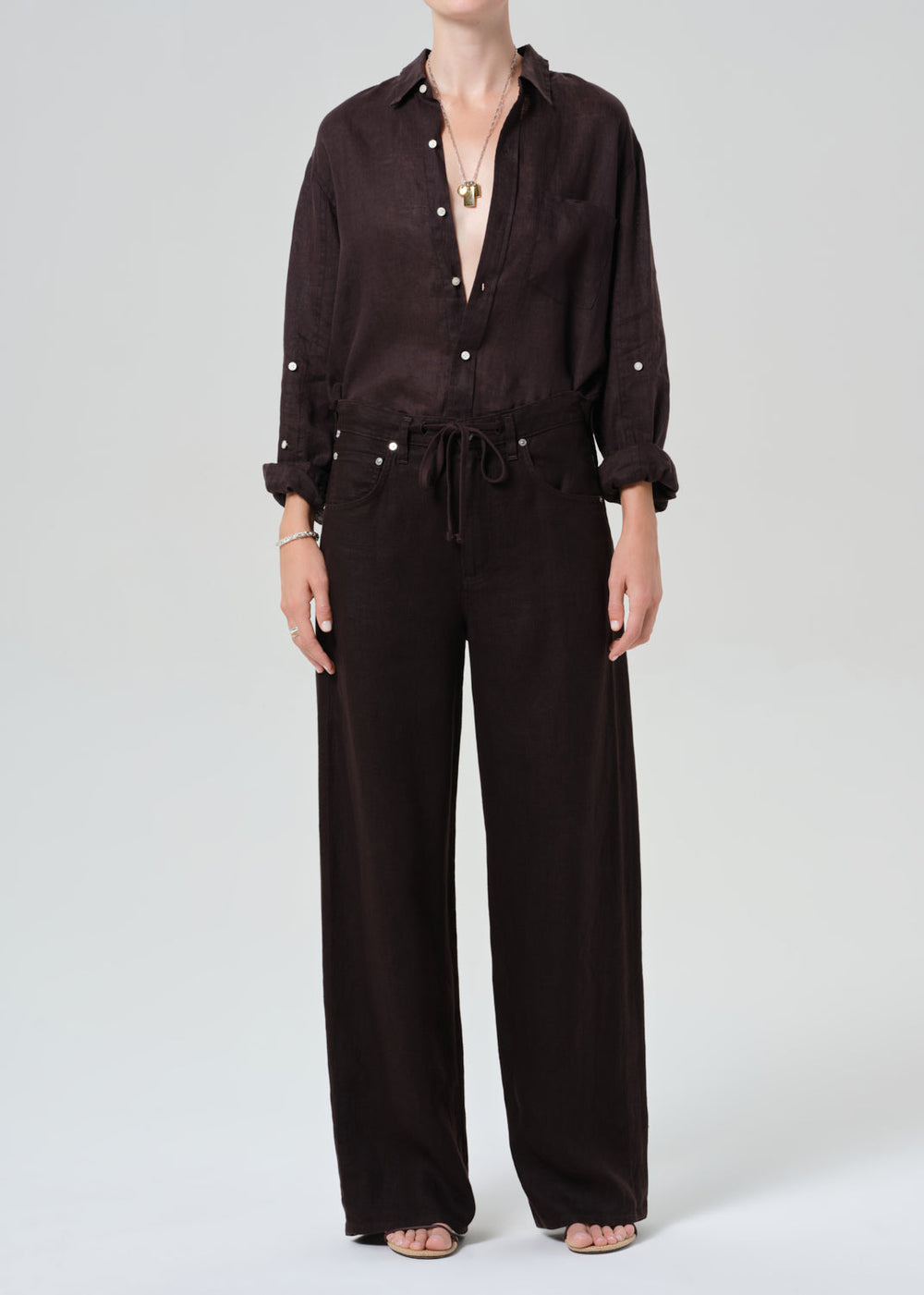 Citizens of Humanity Brynn Drawstring Linen Trousers in Chocolate available at Barbara Katz