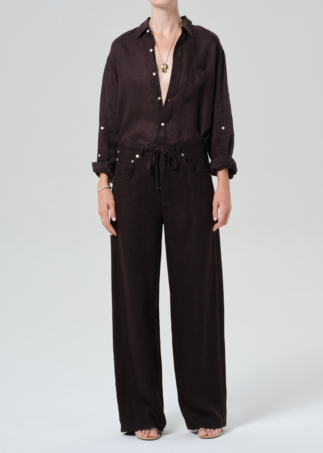 Citizens of Humanity Brynn Drawstring Linen Trousers in Chocolate available at Barbara Katz