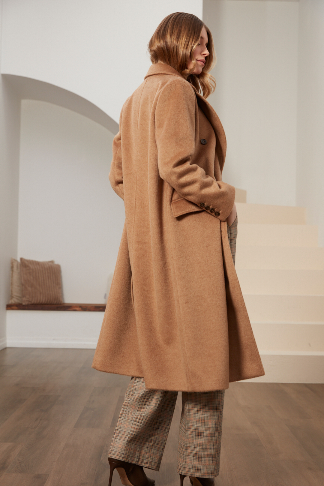 Adroit Atelier Bennett Double Breasted Long Wool Blend Coat in Camel available at Barbara Katz