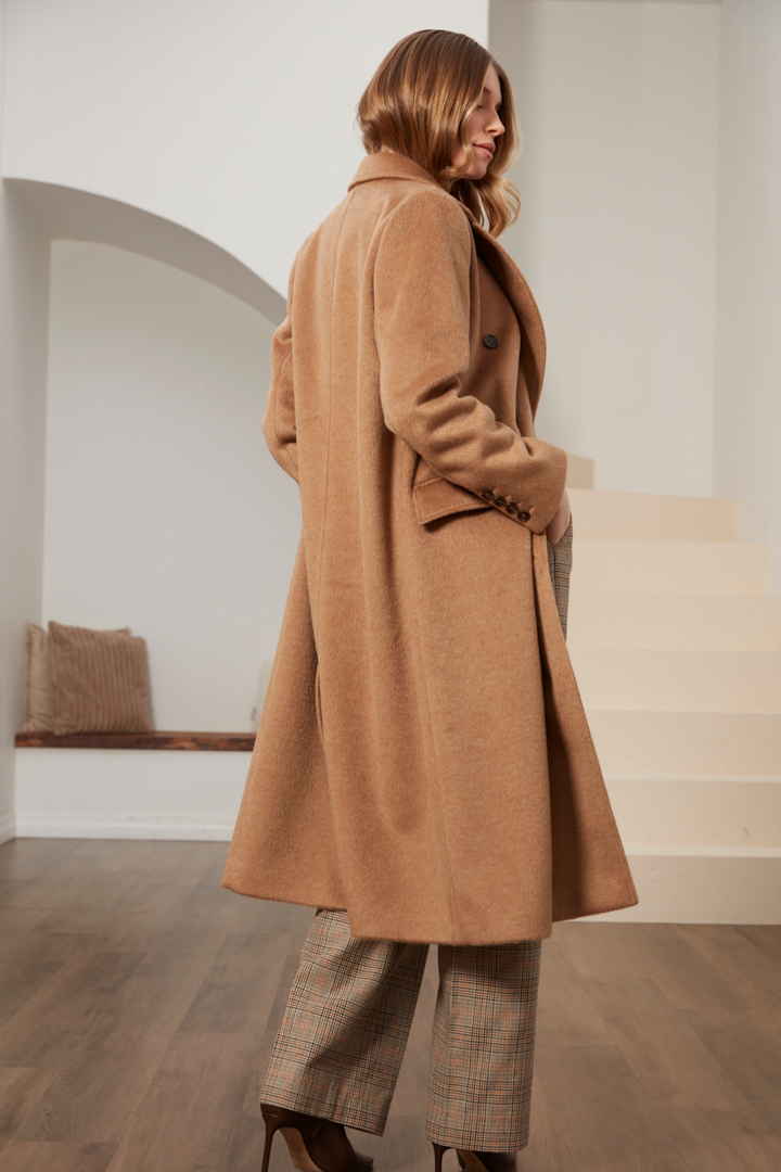 Adroit Atelier Bennett Double Breasted Long Wool Blend Coat in Camel available at Barbara Katz