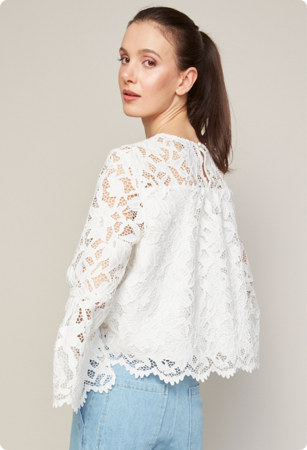 Adroit Atelier Boho Pop Over Scallop Lace Blouse in Ivory available at Barbara Katz