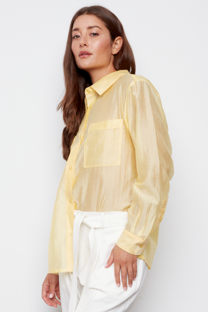 Adroit Atelier Bijou Semi-transparent Button-Front Shirt With Patch Pockets & Side Slits in Butter Yellow available at Barbara Katz 