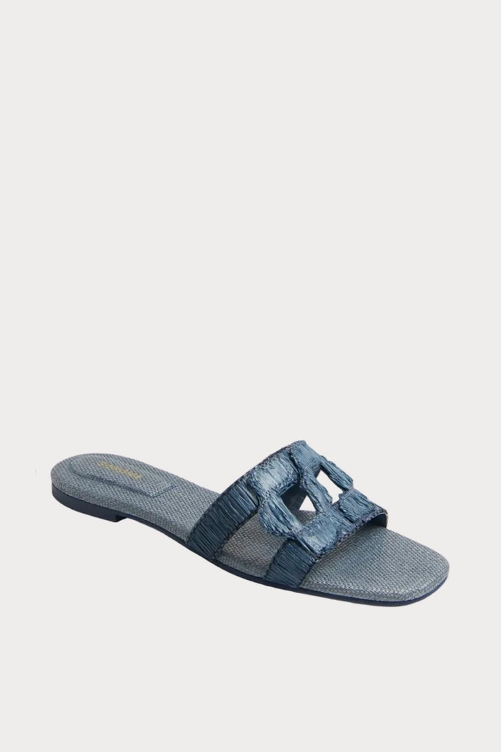 Simkhai Monogram Raffia Flat Slides in Indigo available at Barbara Katz