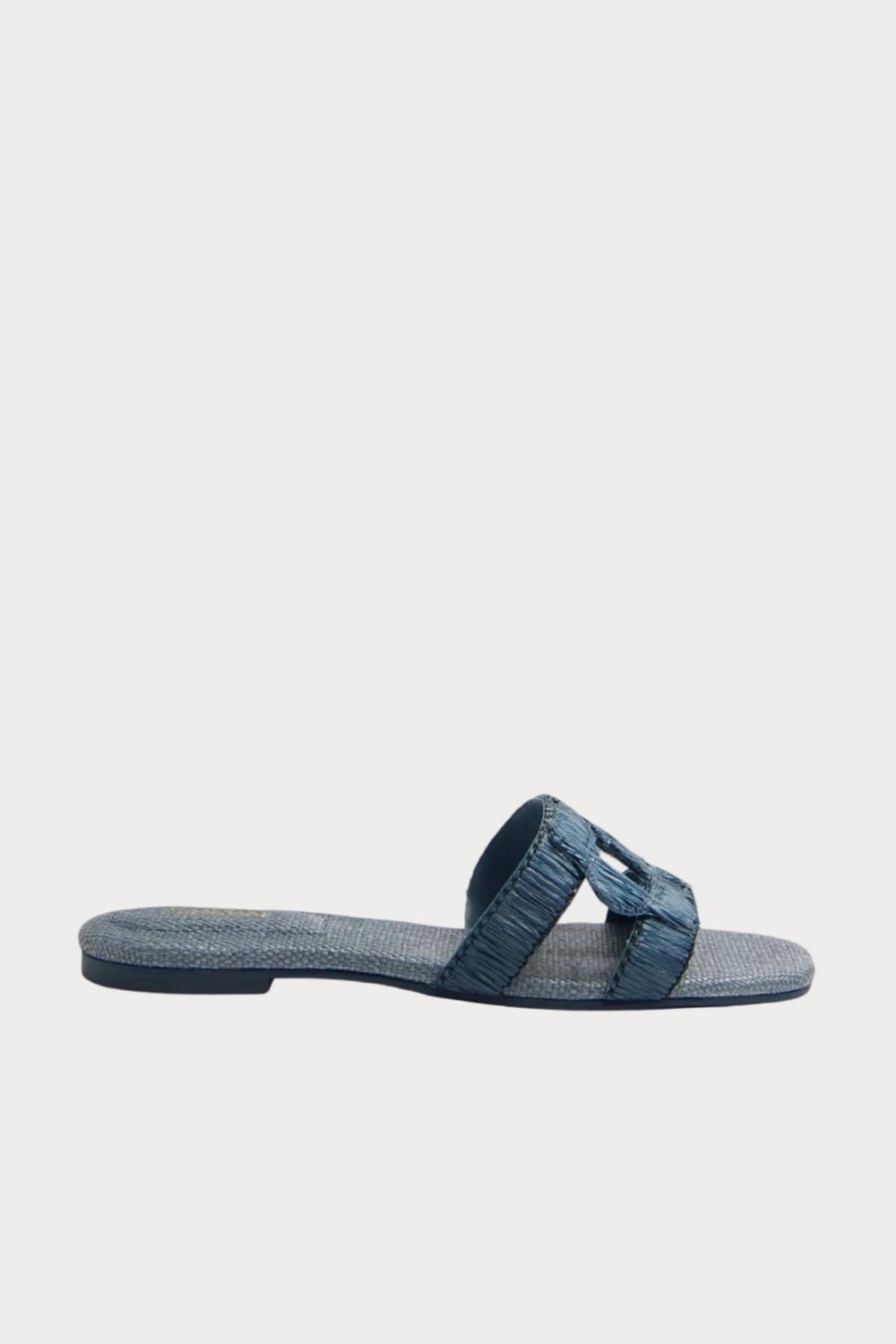 Simkhai Monogram Raffia Flat Slides in Indigo available at Barbara Katz