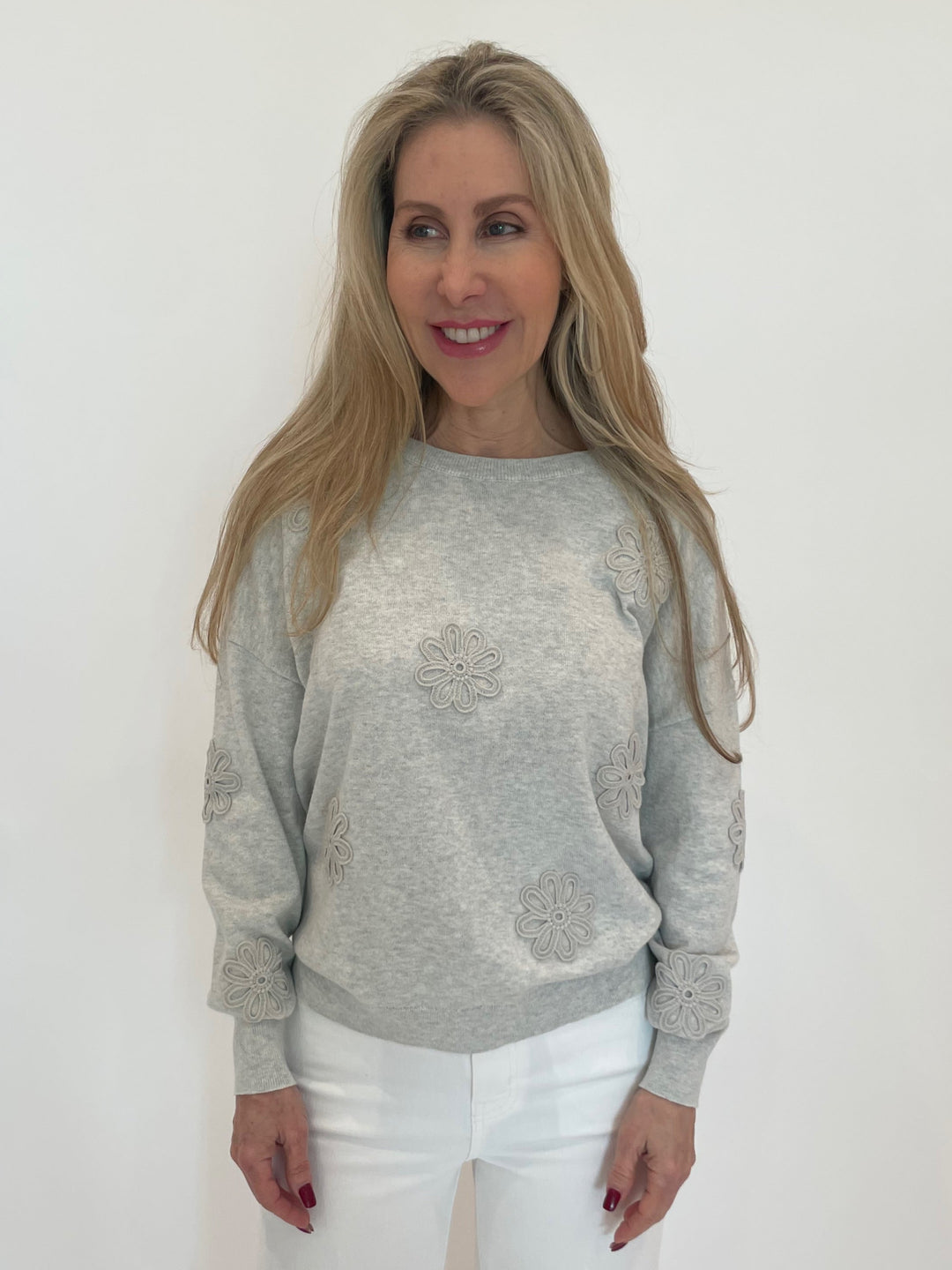 J Society Embroidered Flower Sweater in Silver available at Barbara Katz