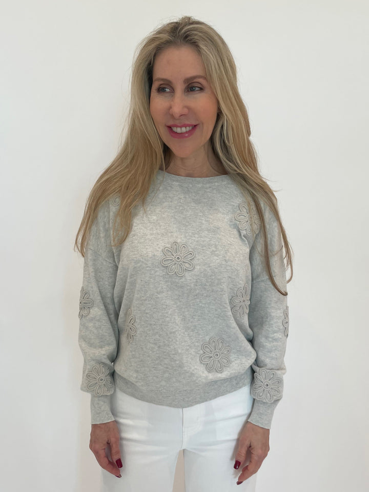 J Society Embroidered Flower Sweater in Silver available at Barbara Katz