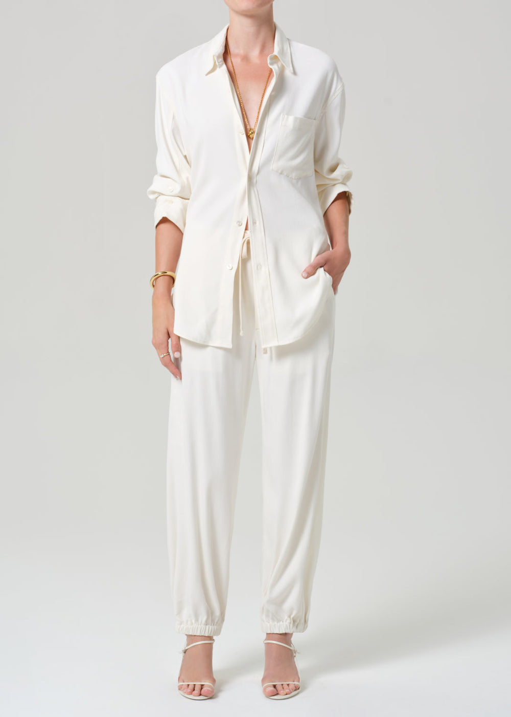 Citizens of Humanity Portofino Twill Kayla Shirt and Bubble Pull-On Pants in Moonlight Cream available at Barbara Katz