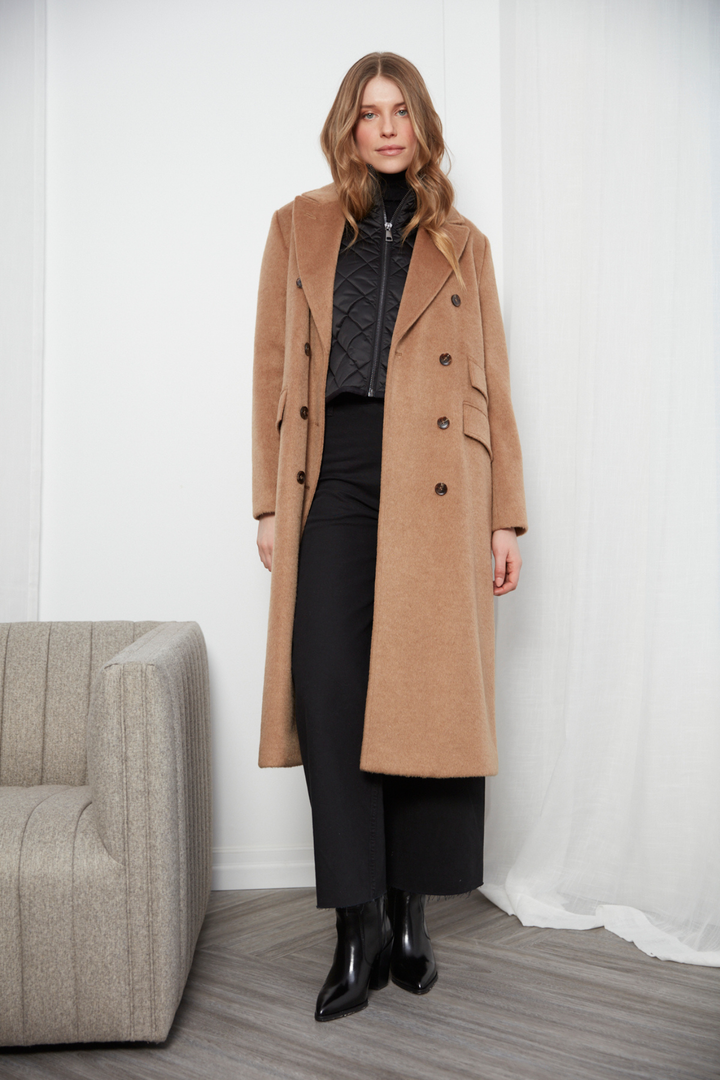 Adroit Atelier Bennett Double Breasted Long Wool Blend Coat in Camel available at Barbara Katz