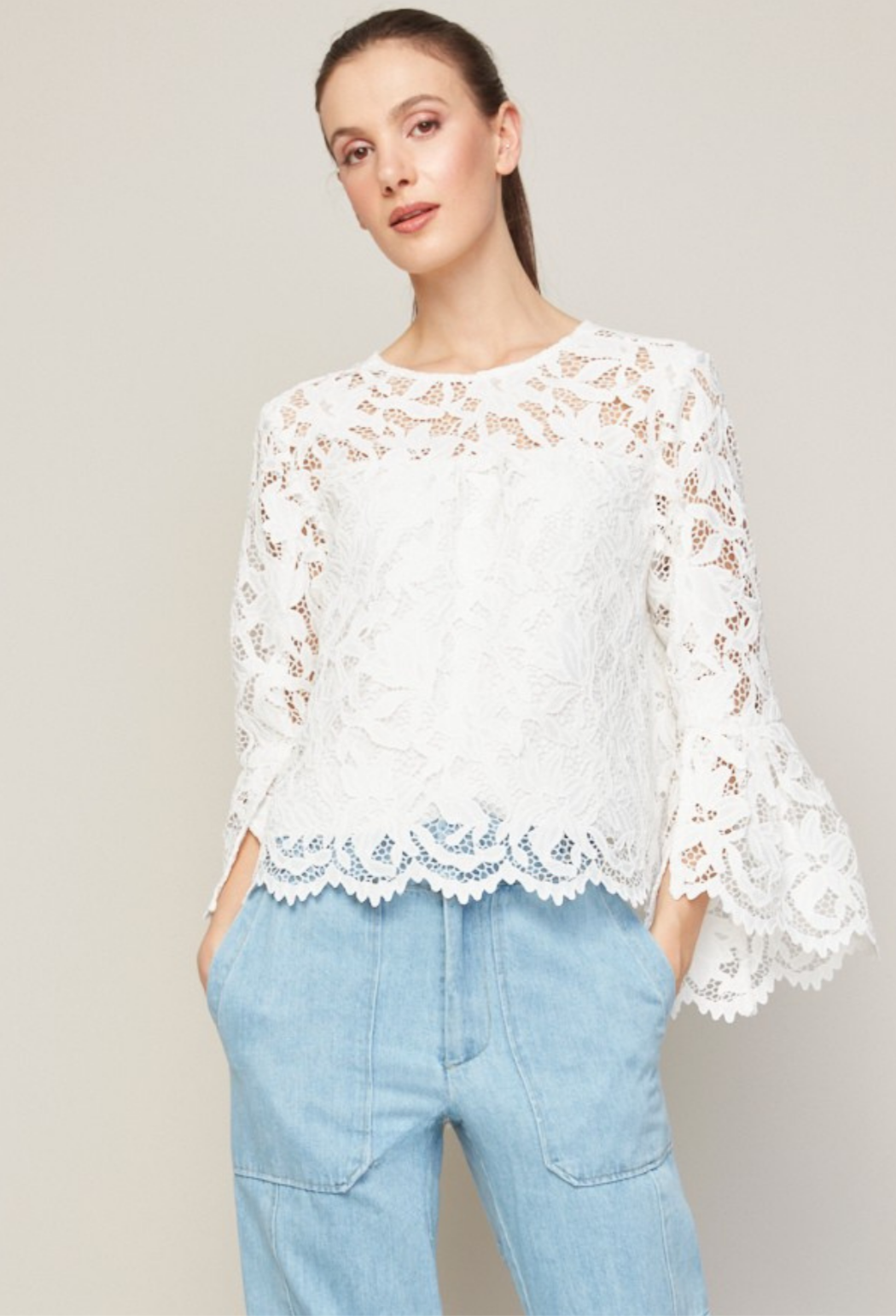 Adroit Atelier Boho Pop Over Scallop Lace Blouse in Ivory available at Barbara Katz