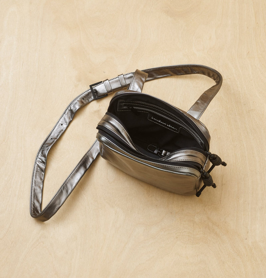 Daniella Lehavi Louise Loop Mini Box Crossbody Bag in Metallic Pewter available at Barbara Katz