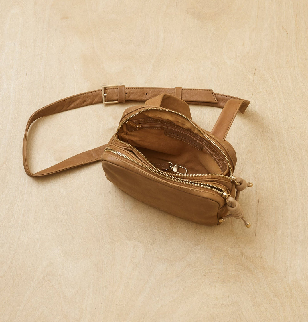 Daniella Lehavi Louise Loop Mini Box Crossbody Bag in Camel available at Barbara Katz