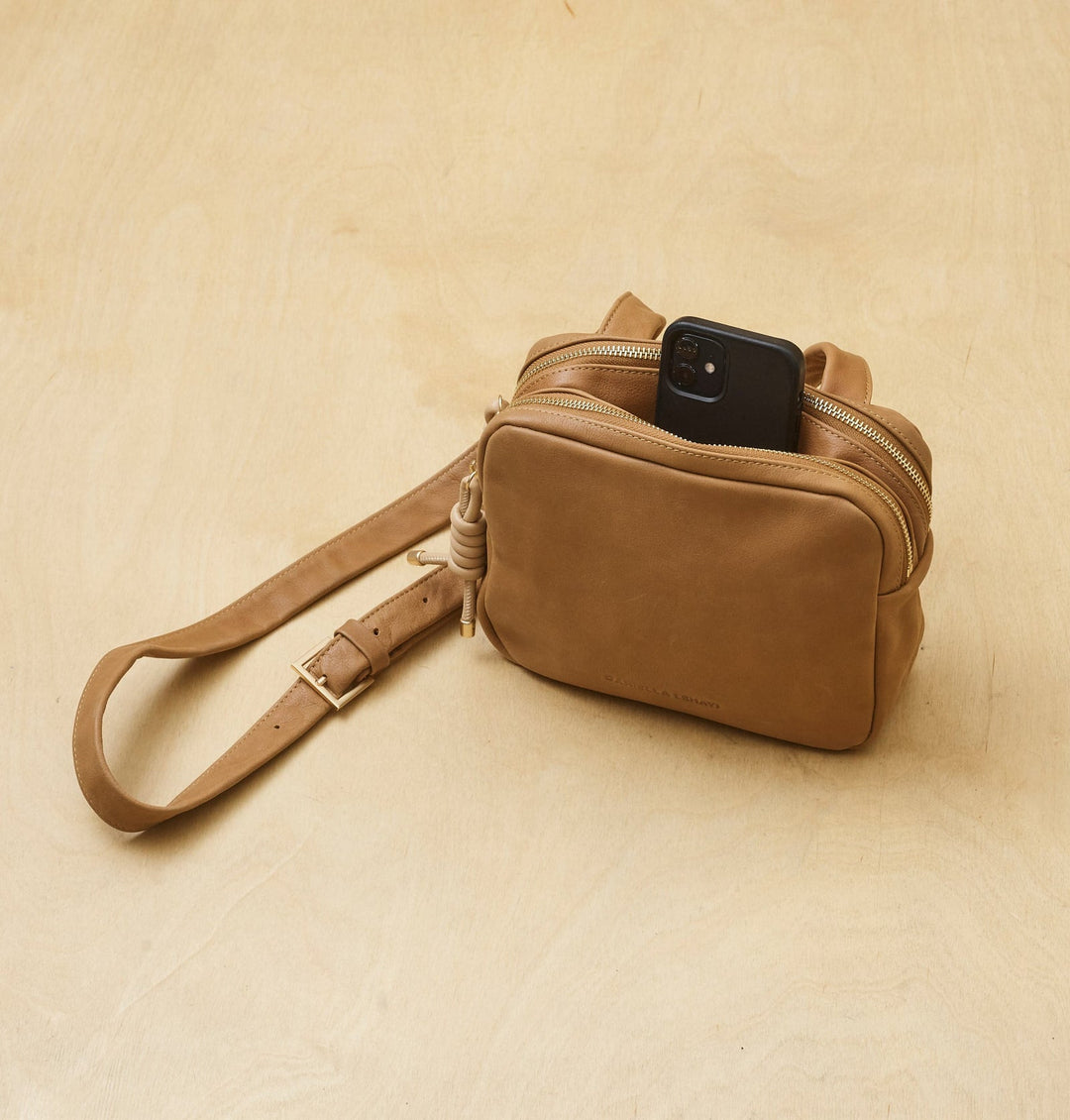 Daniella Lehavi Louise Loop Mini Box Crossbody Bag in Camel available at Barbara Katz