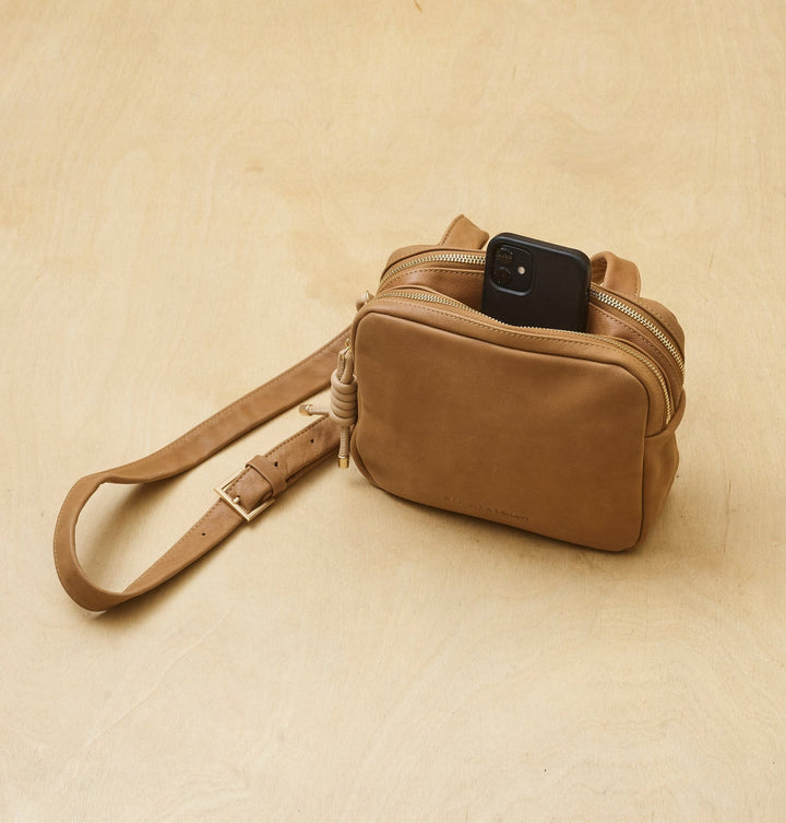 Daniella Lehavi Louise Loop Mini Box Crossbody Bag in Camel available at Barbara Katz