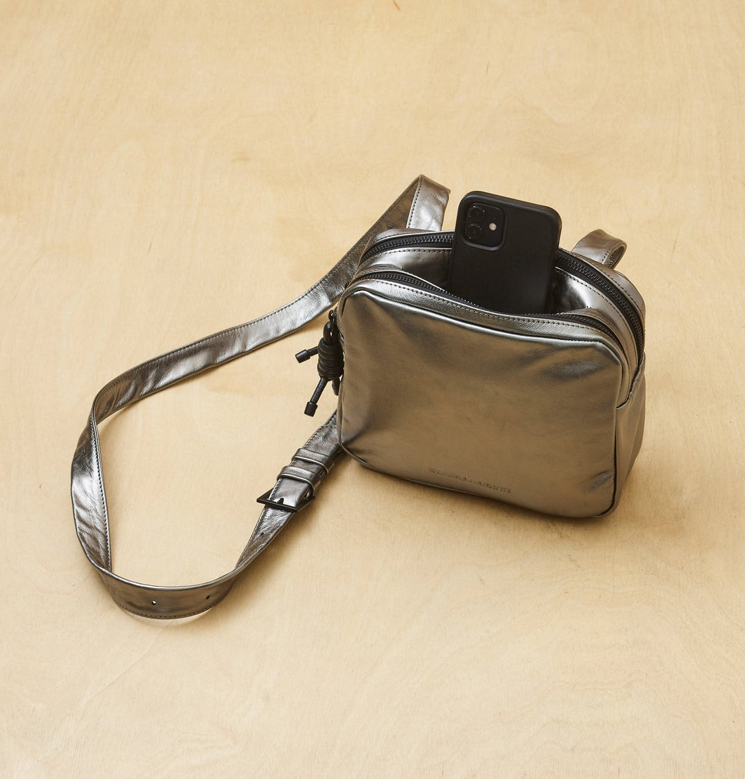 Daniella Lehavi Louise Loop Mini Box Crossbody Bag in Metallic Pewter available at Barbara Katz