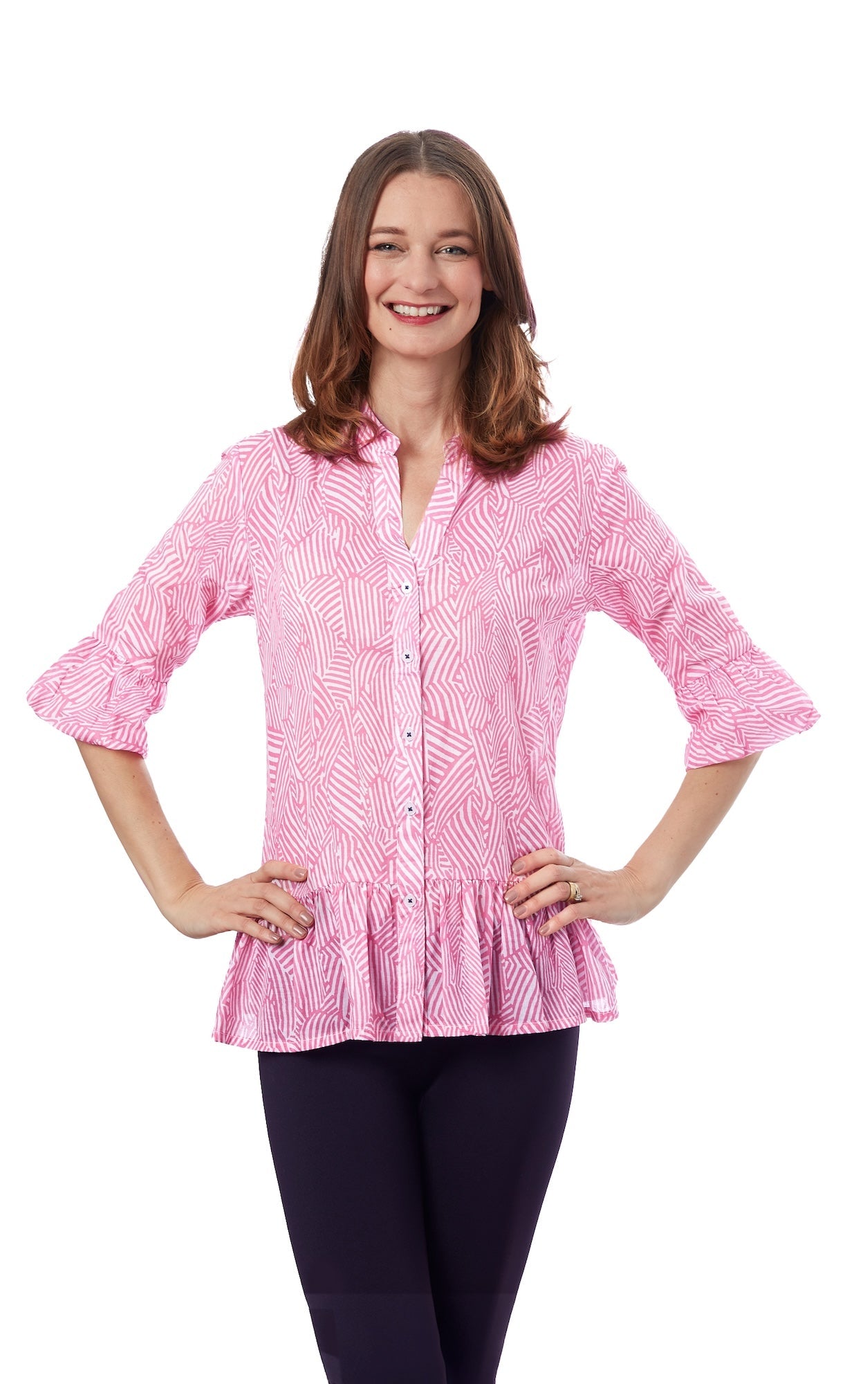 Dizzy-Lizzie Peplum Top - Pink White – Barbara Katz