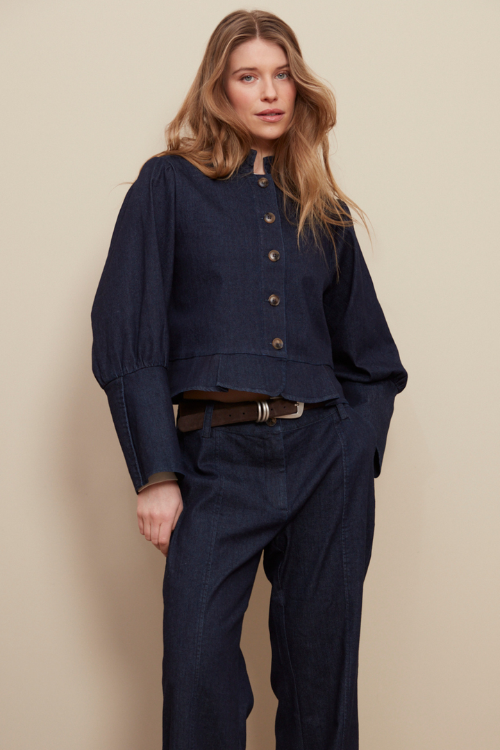 Adroit Atelier Celia Button-Front Short Denim Jacket in Dark Denim available at Barbara Katz