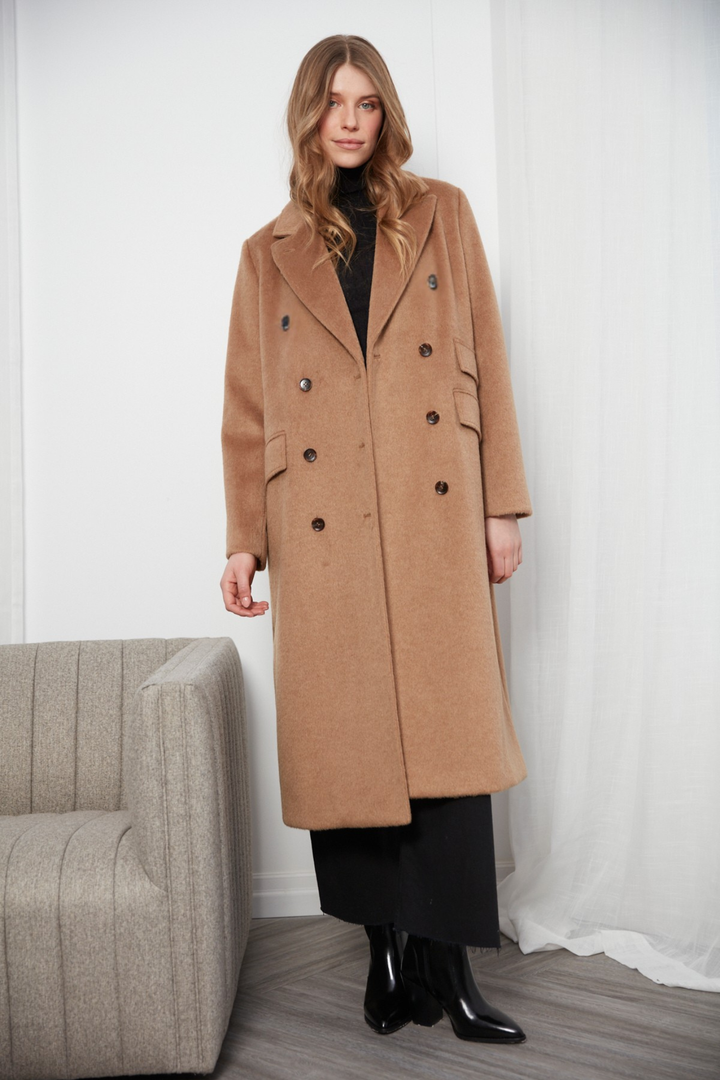 Adroit Atelier Bennett Double Breasted Long Wool Blend Coat in Camel available at Barbara Katz